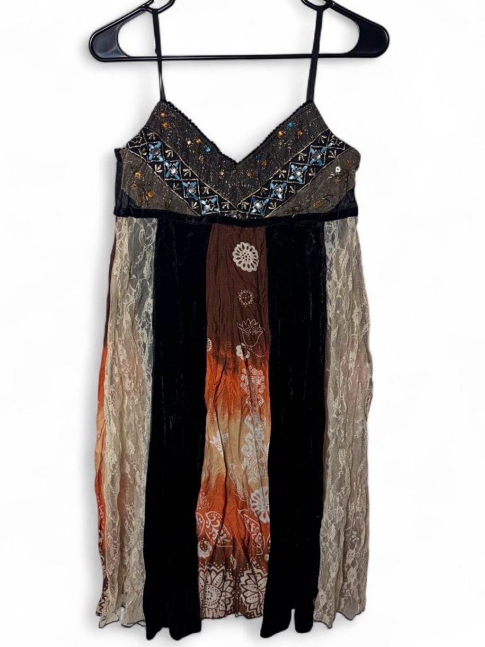 Sans Souci Y2K Black Orange Embellished Lace Fairy Grunge Boho Babydoll Dress S